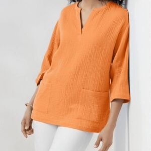 Soft Surroundings | Araza Gauze Pocket Tunic Top Orange Split Neck 3/4 Sleeve